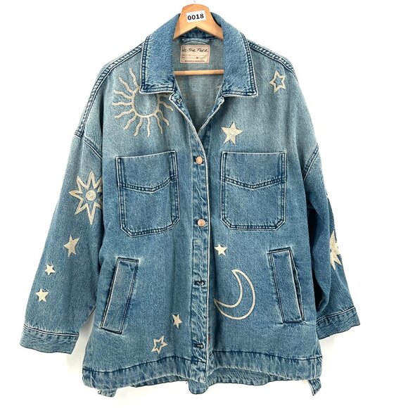 NEW We The Free people Madison City Embroidered Jacket sun moon denim oversize M - Picture 1 of 16